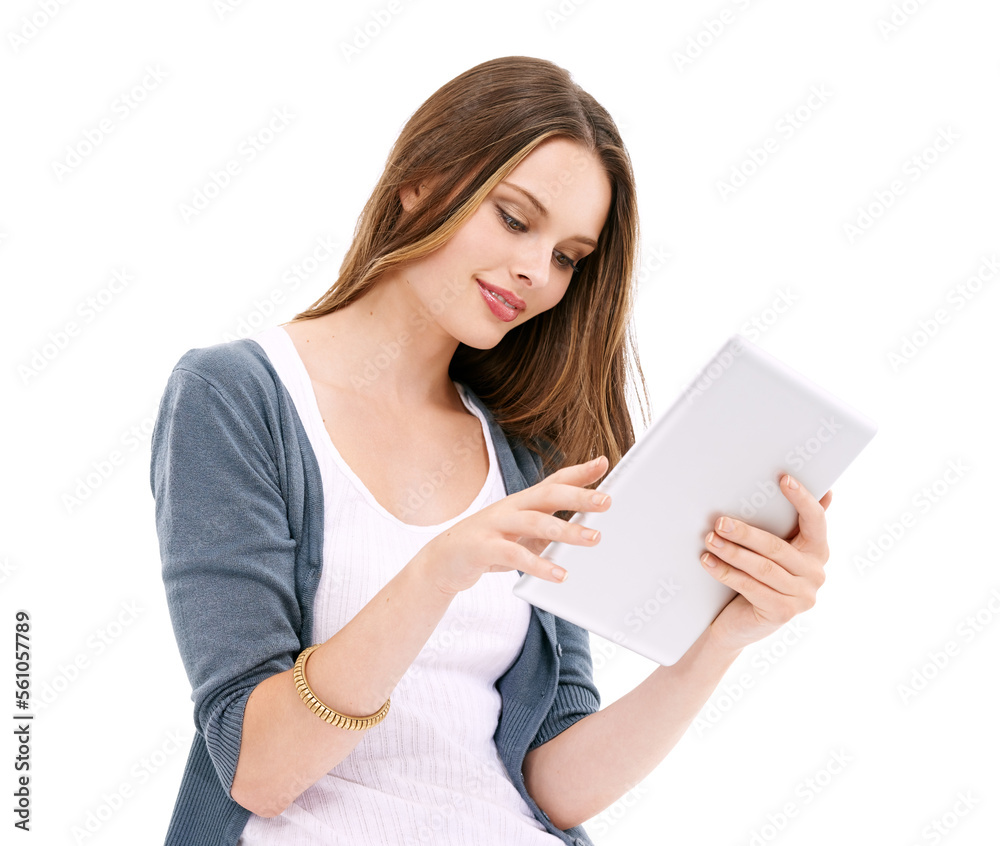 Online shopping search, tablet and typing woman scroll website for discount sales, e commerce deal or fashion choice. Digital technology, ecommerce customer and model girl on white background studio Online shopping search, tablet and typing woman scroll website for discount sales, e commerce deal or fashion choice. Digital technology, ecommerce customer and model girl on white background studio