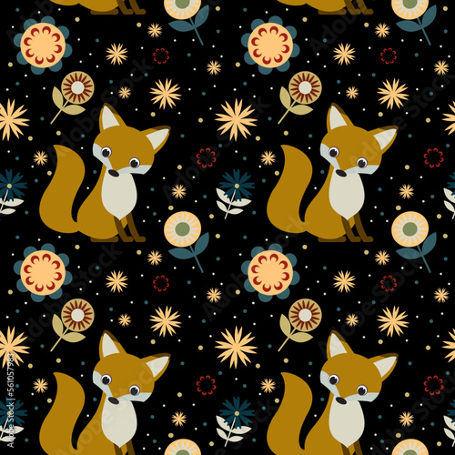 Vector seamless pattern with foxes and different plants.