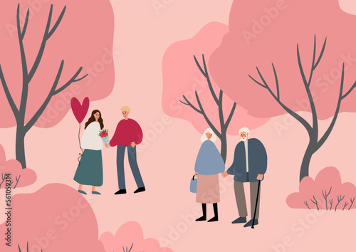 valentines day card, black couple love illustration, cute old couple in park clipart, people on city street clip art, vector in flat cartoon style.