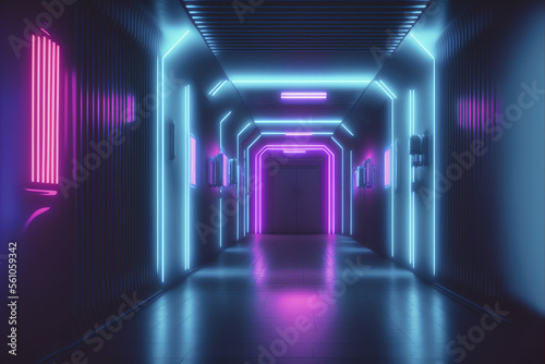 Neon Glowing Blue Purple Cyber Retro Sci-Fi Futuristic Concrete Glossy Grunge Tunnel: An Underground Corridor Hallway Basement Hangar Showcase Showroom 3D Rendering
