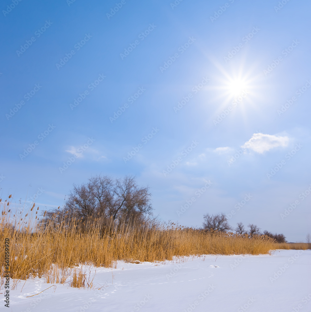 frozen winter river at cold sunny day