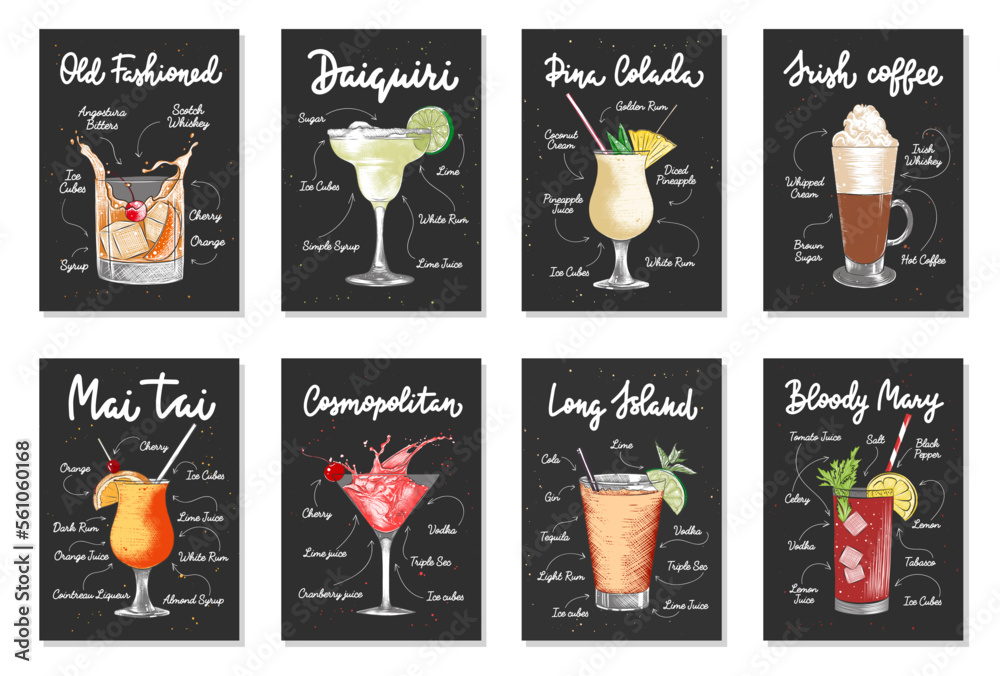 Set of 8 advertising recipe lists with alcoholic drinks, cocktails and beverages lettering posters, wall decoration, prints, menu design. Hand drawn vector engraved sketches. Handwritten calligraphy. - obrazy, fototapety, plakaty 