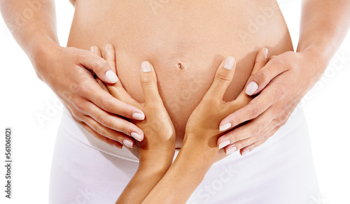 Pregnancy  partner hands and support on stomach for baby wellness  mother health and lifestyle together. Pregnant woman  mom and family trust  couple hope hand and love in white background studio