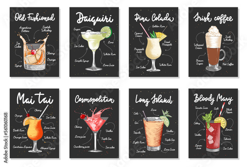 Set of 8 advertising recipe lists with alcoholic drinks, cocktails and beverages lettering posters, wall decoration, prints, menu design. Hand drawn vector engraved sketches. Handwritten calligraphy.