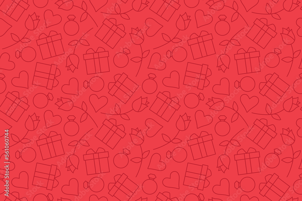 red seamless love, Valentine's Day pattern with hearts, diamond rings, rose flowers and gift boxes- vector illustration