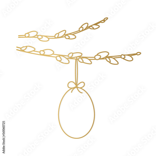 golden hanging easter egg on willow catkins branch- vector illustration