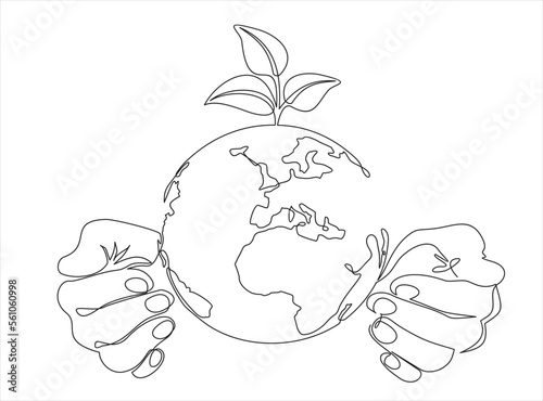 Single continuous line of hands holding planet earth and tree leaf. Plant leaves grow planet Earth seedling eco natural concept design sketch drawing vector illustration art 