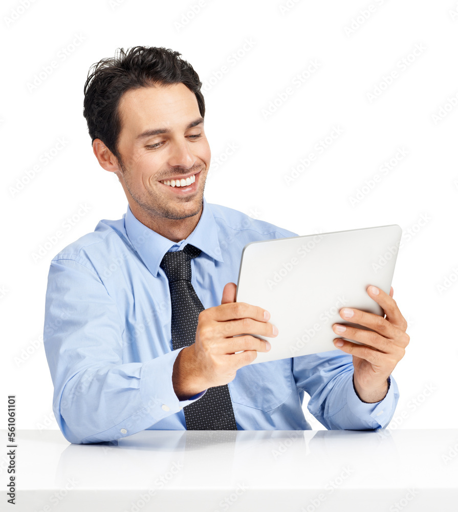 Social media, video and businessman reading on tablet for work, communication and app. Website, contact and happy executive man with tech for connectivity, wifi and online news on a white background Social media, video and businessman reading on tablet for work, communication and app. Website, contact and happy executive man with tech for connectivity, wifi and online news on a white background