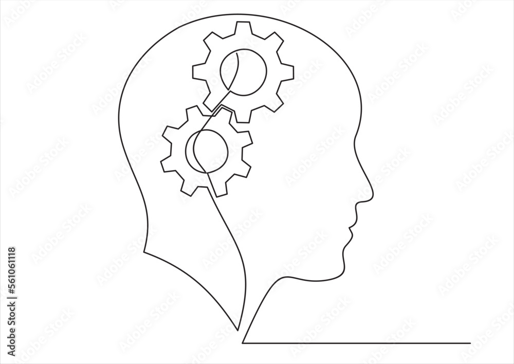 Continuous one line drawing of man  head  with lightbulb with gears inside as line drawing on white background. Vector