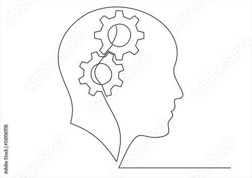 Continuous one line drawing of man head with lightbulb with gears inside as line drawing on white background. Vector