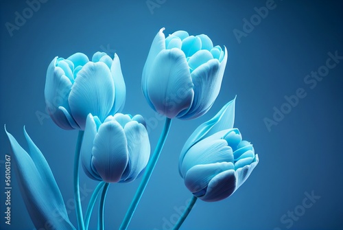 Beautiful blue tulips on blue background. Blue spring flowers. 3D Illustration #561061367