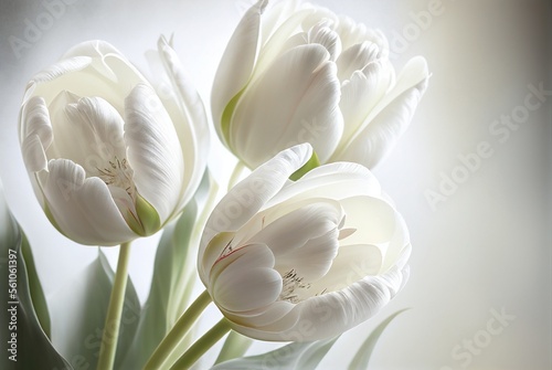 Beautiful white tulips on white background with. White spring flowers. 3D Illustration