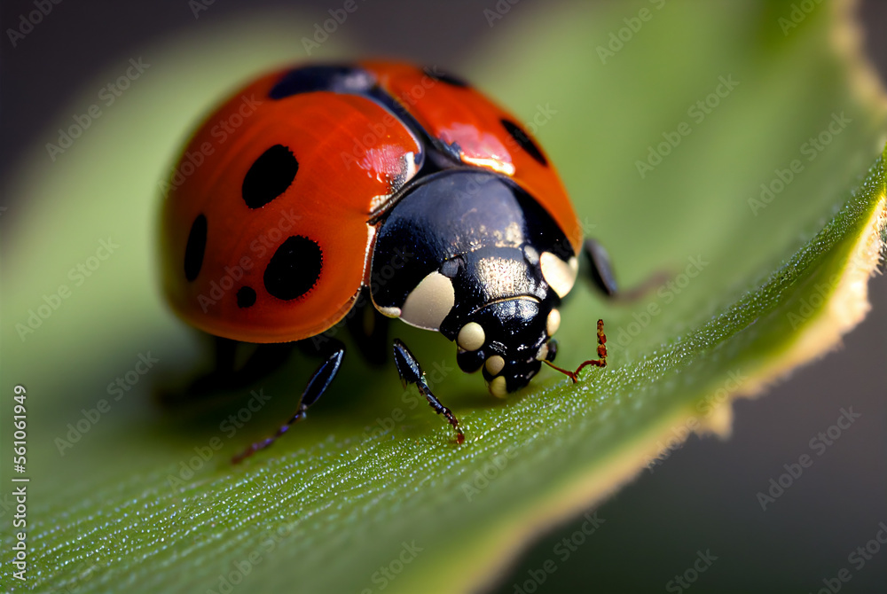 Close up of Ladybug on green leaf. 3D Illustration