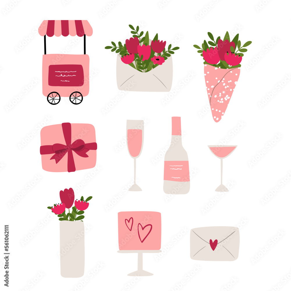 valentines day vector illustration in flat cartoon style, heart, love, house, pink tree, cat, gift, flowers, bouquet, party cart, champagne, bottle, glass, cocktail, cake, letter, balls valentines day vector illustration in flat cartoon style, heart, love, house, pink tree, cat, gift, flowers, bouquet, party cart, champagne, bottle, glass, cocktail, cake, letter, balls