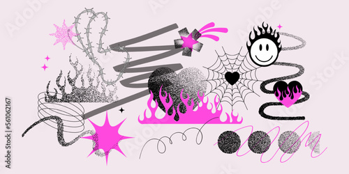 Fototapeta Naklejka Na Ścianę i Meble -  Collage from Y2k gothic flame tattoo designs, halftone geometric elements. Retro psychedelic contemporary bitmat shapes. Vector illustration of collection aesthetic nostalgic 2000s goth girly objects.