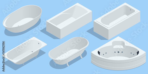 Isometric set of bathtubs for interior design plan. Modern bath isolated on background.