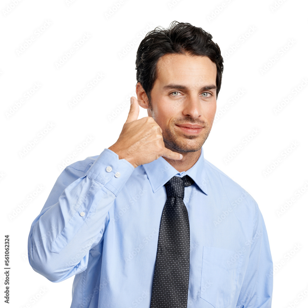 Businessman, studio portrait and call me hand sign with confidence, isolated by backdrop. Corporate executive man, financial advisor or phone hands for finance communication by white background Businessman, studio portrait and call me hand sign with confidence, isolated by backdrop. Corporate executive man, financial advisor or phone hands for finance communication by white background