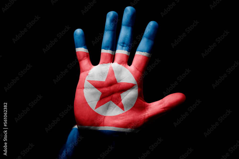 man hand with flag of North Korea in stop sign man hand with flag of North Korea in stop sign