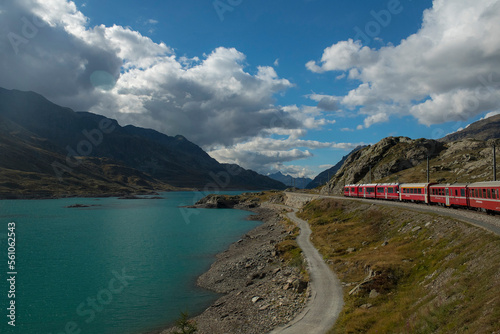 View on a train near Lago Bianco in Graub  nden  in South East of Switzerland