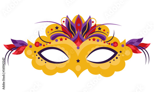 Yellow masquerade mask. Mardi Gras costume element. For Carnival Birthday party.