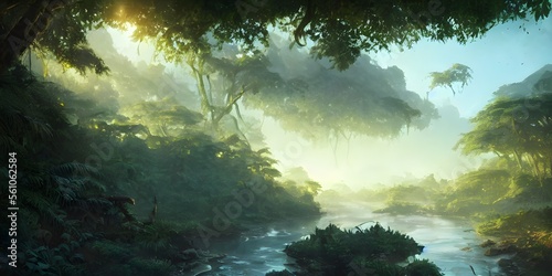 jungle with lake rays forest scene