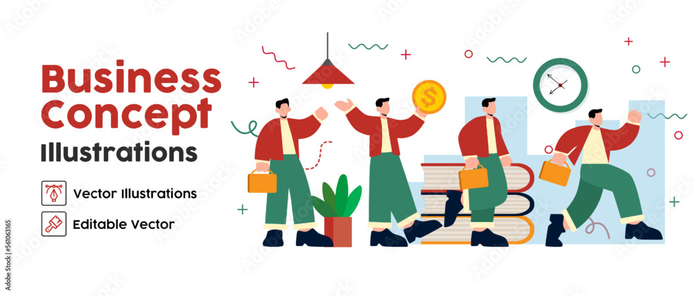 Business Concept illustrations. set Collection of scenes with men taking part in workaholic business activities. Vector illustration