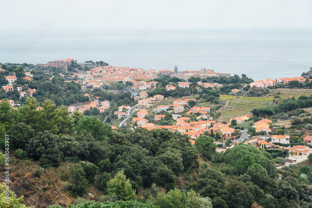 Vue sur le village de Collioure. Panorama du village et de la campagne de Collioure. Le littoral du bord de mer. Littoral du Languedoc Roussillon