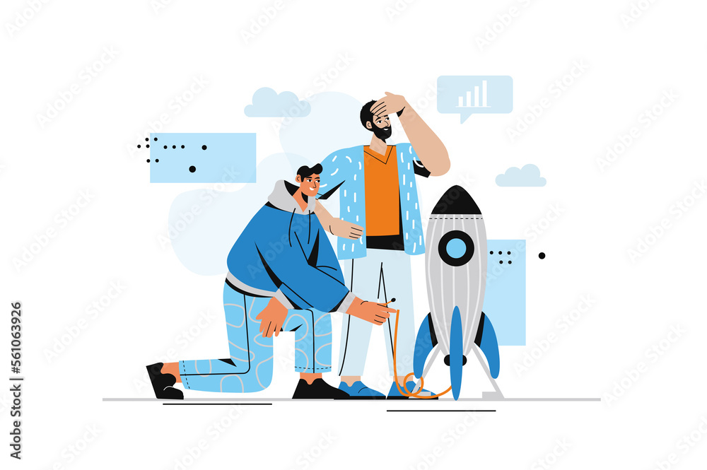 Startup concept with people scene in flat style. Businessmen start new project together. Entrepreneurship, partnership, career and business vision. Illustration with character design for web