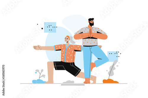 Yoga concept with people scene in flat style. Man and woman practice yoga asanas, do balance exercises in different positions and training at home. Illustration with character design for web