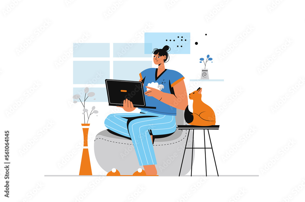 Freelance concept with human scene in flat style. Woman works as freelancer and performs tasks remotely using laptop from comfortable home office. Illustration with character design for web Freelance concept with human scene in flat style. Woman works as freelancer and performs tasks remotely using laptop from comfortable home office. Illustration with character design for web