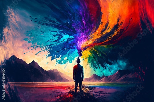Fotografia Silhouetted figure standing in front of a colourful vortex appearing in the sky