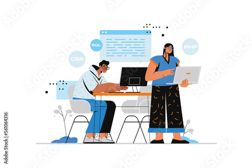 Coding concept with human scene in flat style. Man and woman frontend and backend developers working with code, programming software and programs. Illustration with character design for web © Andrey