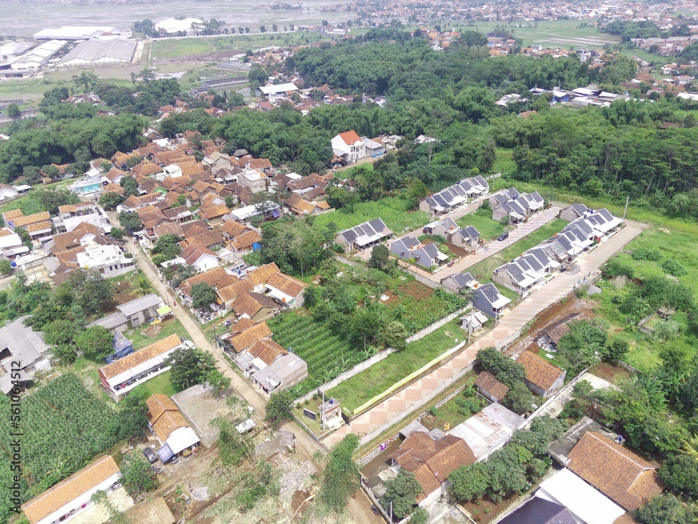 Abstract Defocused Blurred Background Demographic view of dense housing in the Cikancung area - Indonesia. Not Focus