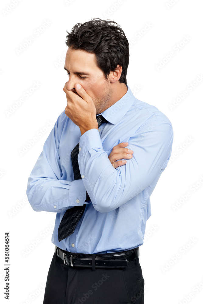 Tired businessman, bored or yawning on studio background in fatigue, sleepy or mental health burnout. Exhausted corporate worker, employee or hands covering mouth on white backdrop in quiet quitting Tired businessman, bored or yawning on studio background in fatigue, sleepy or mental health burnout. Exhausted corporate worker, employee or hands covering mouth on white backdrop in quiet quitting