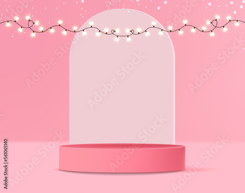 Realistic 3d scene vector, love scene 3d, pink stand vector, geometric form banner, modern scene for product, podium mockup, valentine's day podium