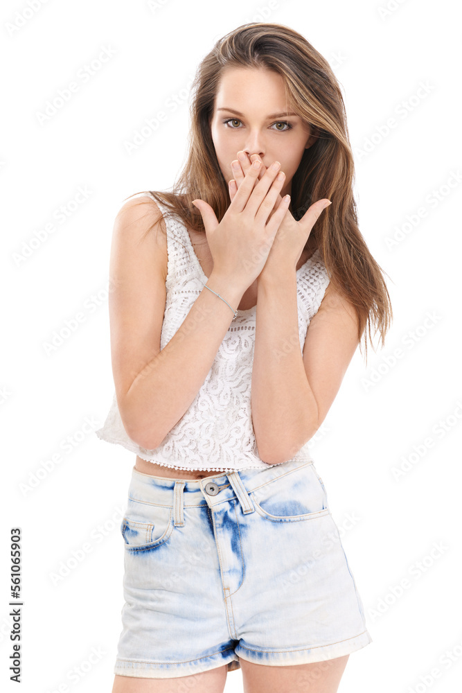 Shocked woman, hands or fashion portrait on isolated white background in trendy clothes, style or cool clothing mockup. Surprised model, gossip or wow face on marketing mock up in gen z designer sale Shocked woman, hands or fashion portrait on isolated white background in trendy clothes, style or cool clothing mockup. Surprised model, gossip or wow face on marketing mock up in gen z designer sale