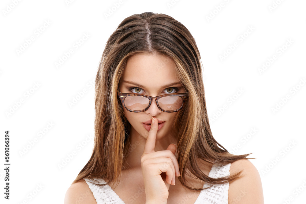 Woman, secret and finger on lips for portrait, quiet and whisper hand gesture with glasses in white background. Model, face and silence hands for hush expression or peekaboo eyes isolated in studio Woman, secret and finger on lips for portrait, quiet and whisper hand gesture with glasses in white background. Model, face and silence hands for hush expression or peekaboo eyes isolated in studio