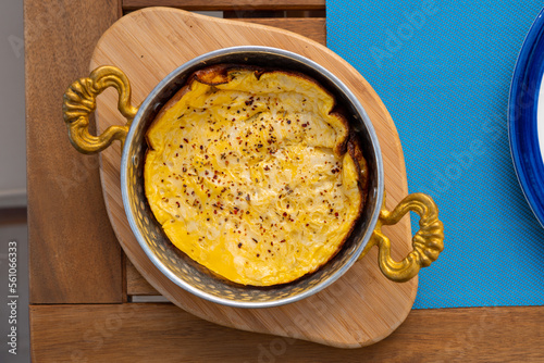 Healthy breakfast or diet lunch. Rustic omelet (omelette, Scrambled