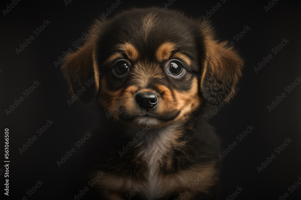 Dog puppy with innocent eyes isolated on black background (created with Generative AI)