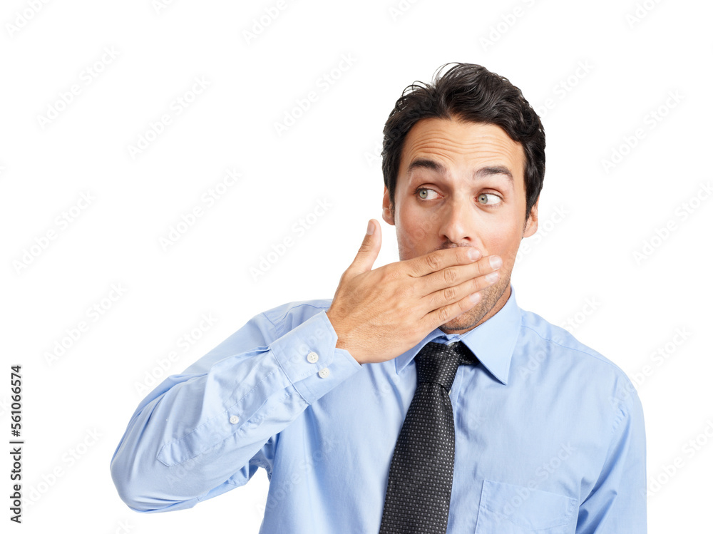 Businessman, hands on mouth and shocked face, no expression and surprised corporate news or wow announcement. Man, facial regret and manager gossip, silence or embarrassed hand gesture in studio Businessman, hands on mouth and shocked face, no expression and surprised corporate news or wow announcement. Man, facial regret and manager gossip, silence or embarrassed hand gesture in studio