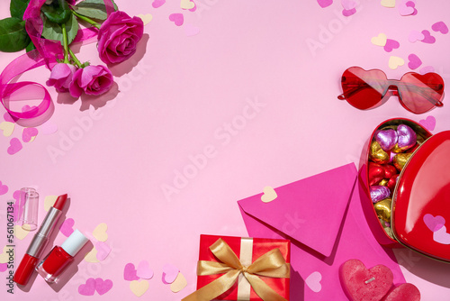 Holiday background with gifts and candy. Romantic date on Valentine's day.