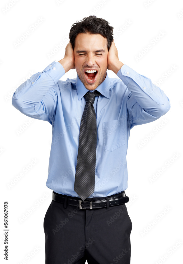 Businessman, headache and shouting frustrated with hands on head, overworked employee and angry in white background. Corporate man, burnout stress and screaming with head pain isolated in studio Businessman, headache and shouting frustrated with hands on head, overworked employee and angry in white background. Corporate man, burnout stress and screaming with head pain isolated in studio