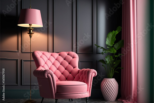 Art Deco interior in classic style with pink armchair and lamp