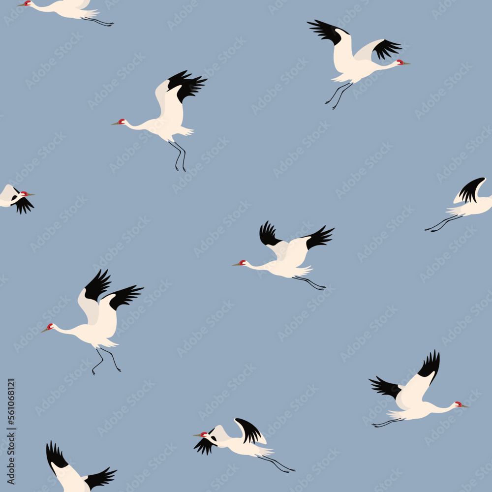Seamless trendy pattern with siberian crane. Cartoon vector illustration for prints, clothing, packaging and postcards. Seamless trendy pattern with siberian crane. Cartoon vector illustration for prints, clothing, packaging and postcards.
