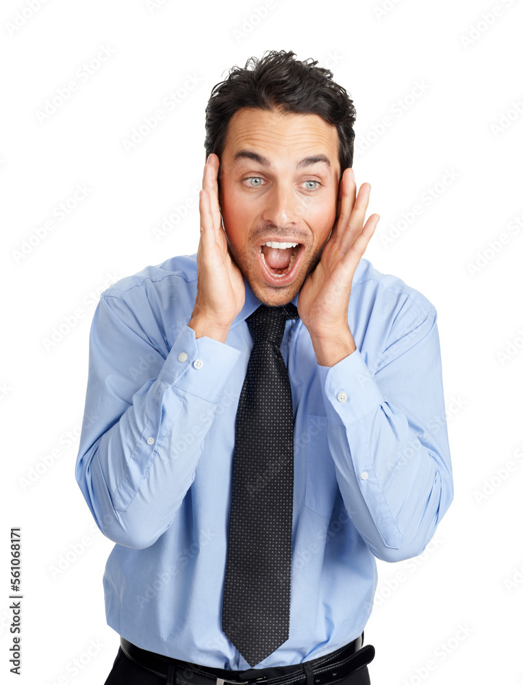 Businessman, face or shocked with mouth open on studio background for company gossip, secret news or wow discount. Corporate worker, employee or surprised facial expression on white mock up backdrop Businessman, face or shocked with mouth open on studio background for company gossip, secret news or wow discount. Corporate worker, employee or surprised facial expression on white mock up backdrop