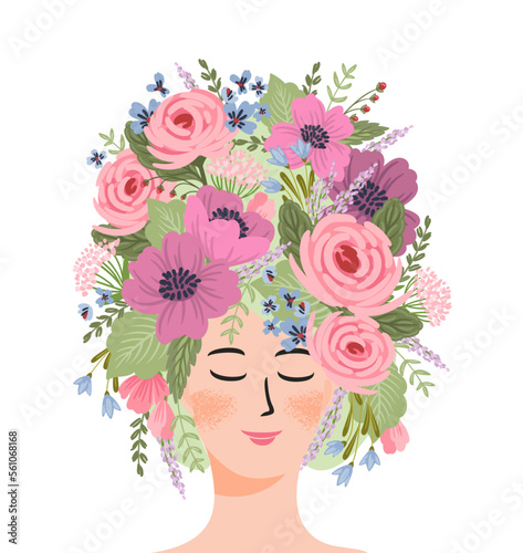 Isolated illustration of a woman with flowers. Concept for International Women s Day and other