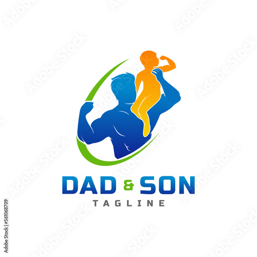 Dad and son healthy lifestyle fatherhood and childhood silhouette logo concept
