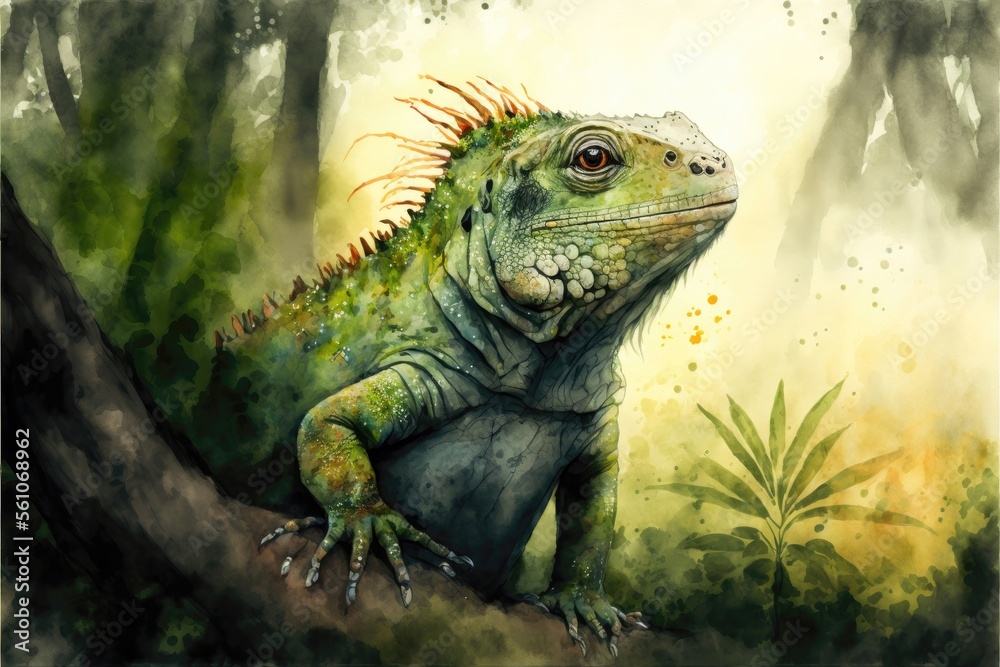 Cute iguana standing in the middle of the forest watercolor painting. Generative AI