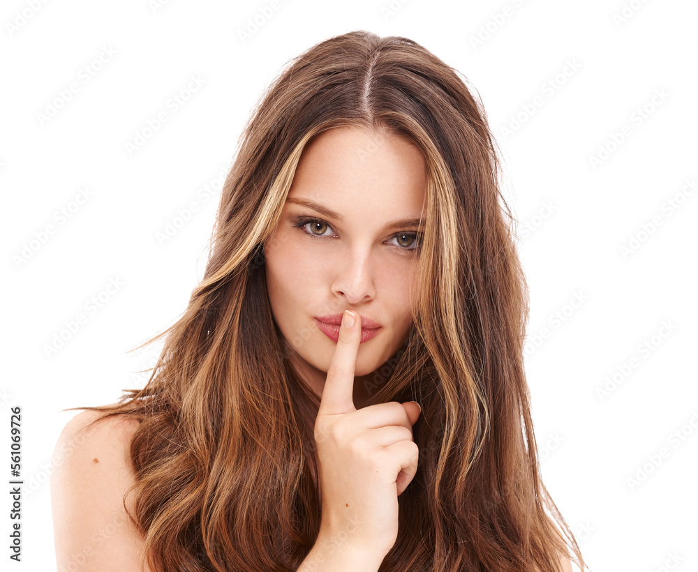 Secret, portrait and woman with finger on lips in studio, isolated white background or privacy. Face, female model and silence on mouth to keep quiet, shush hands and confidential gossip to whisper Secret, portrait and woman with finger on lips in studio, isolated white background or privacy. Face, female model and silence on mouth to keep quiet, shush hands and confidential gossip to whisper