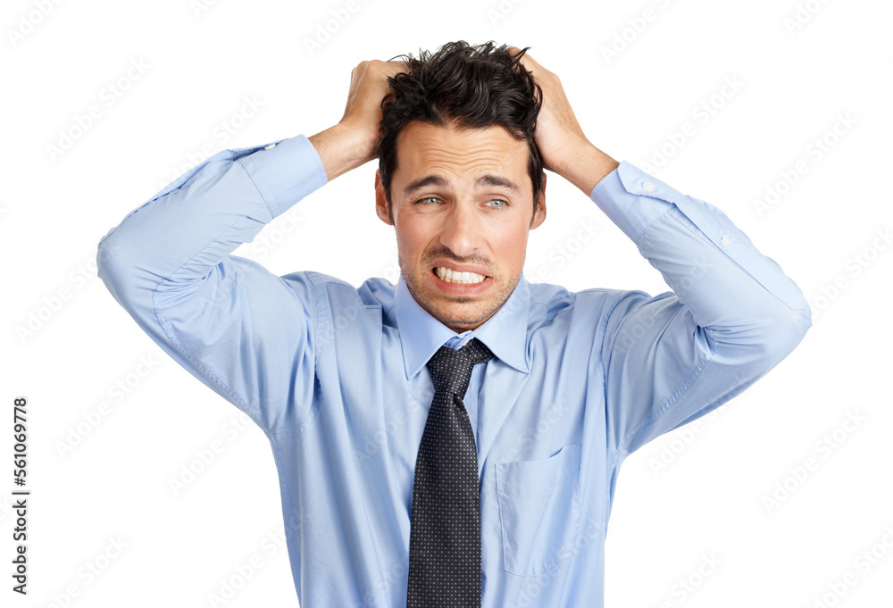 Businessman, nervous and pulling hair on studio background in finance fraud, money laundering mistake and company stock loss. Worker stress, frustrated and angry employee with mental health burnout Businessman, nervous and pulling hair on studio background in finance fraud, money laundering mistake and company stock loss. Worker stress, frustrated and angry employee with mental health burnout